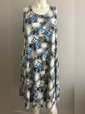 Sleeveless Midi Dress in Blue and Cream with Monogram Print